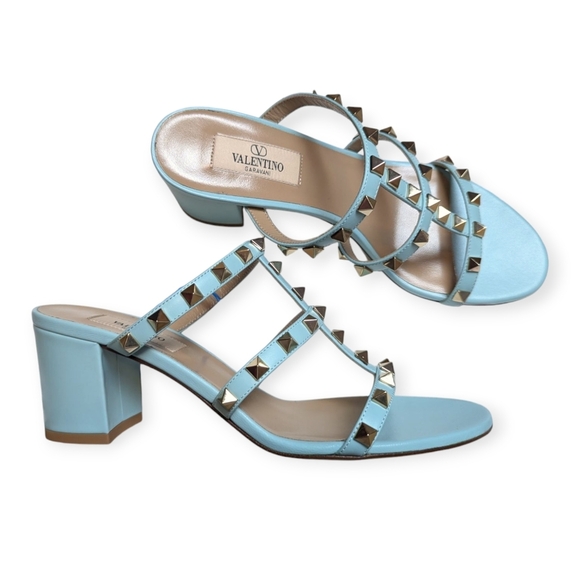 Valentino Garavani Rockstud 60 Caged Block-Heel Slide Sandals Size 7 Acquamarina - Picture 1 of 13